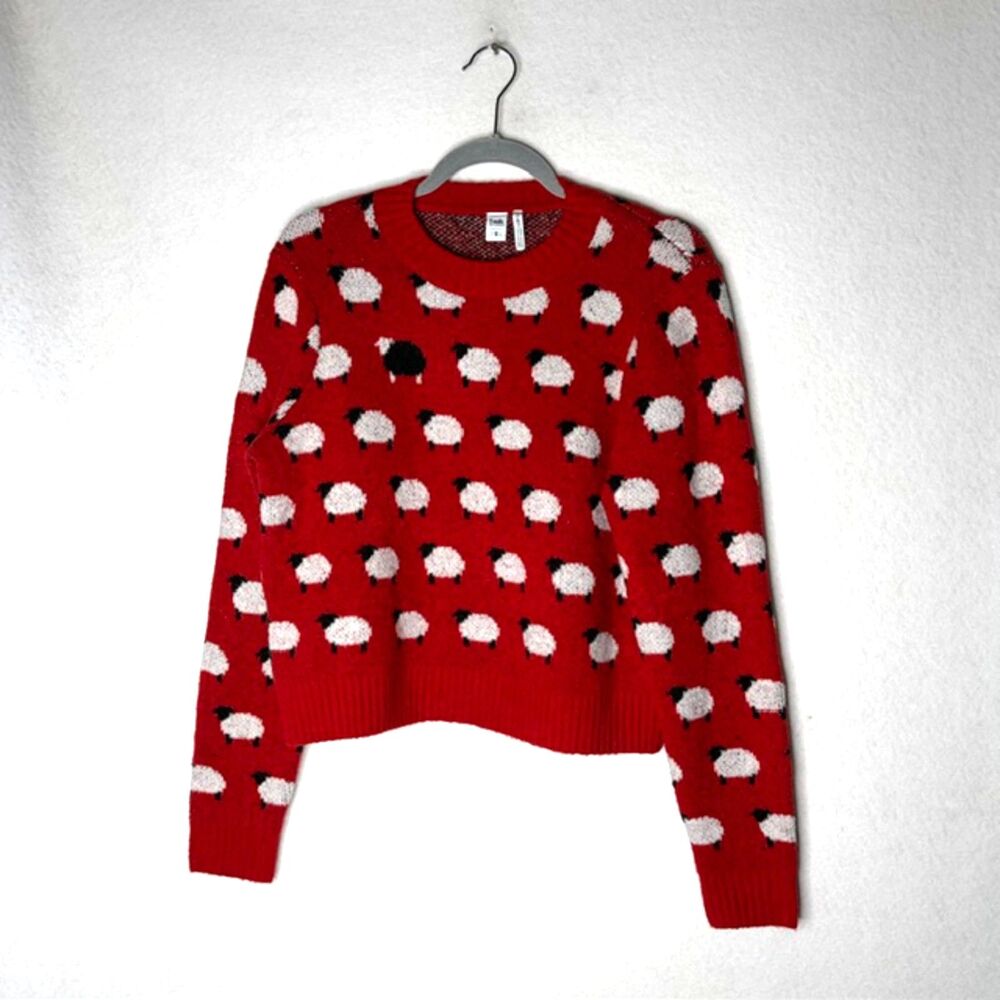 Womens Twik Simons Red Sheep Novelty Knit Cropped Sweater Small